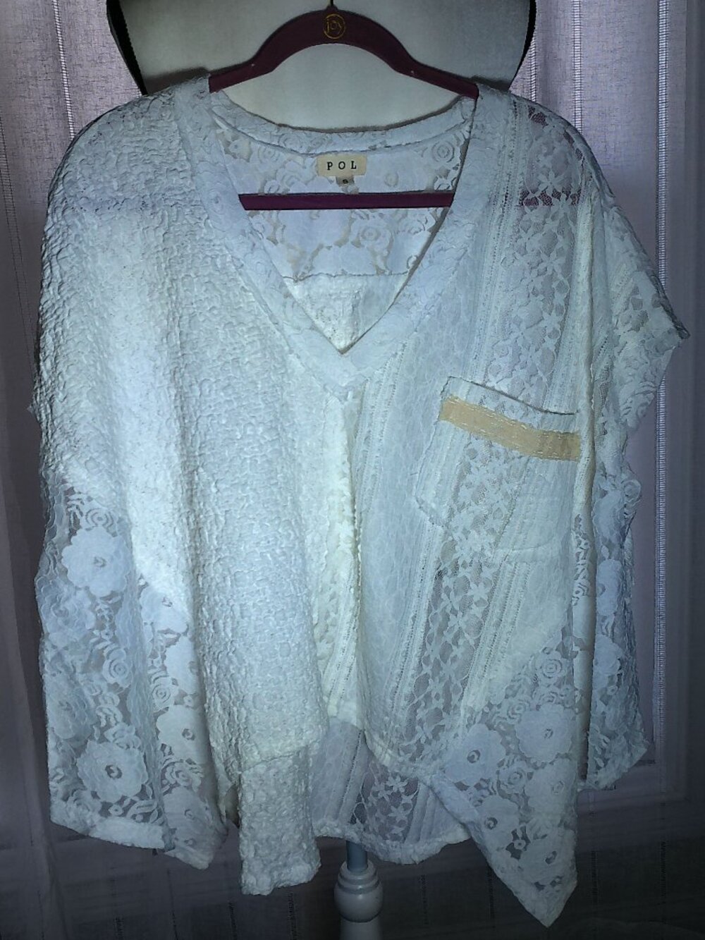 POL Lace Blouse w/Front Pocket Sleeveless V-Neck Hi Lo White NWOT S